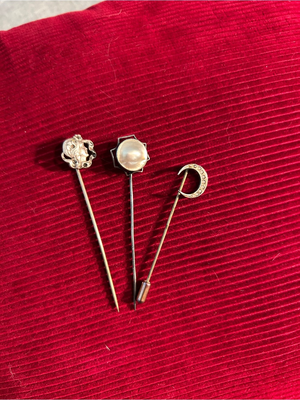 Antique Stick Pins with Pearl and Crescent Accents